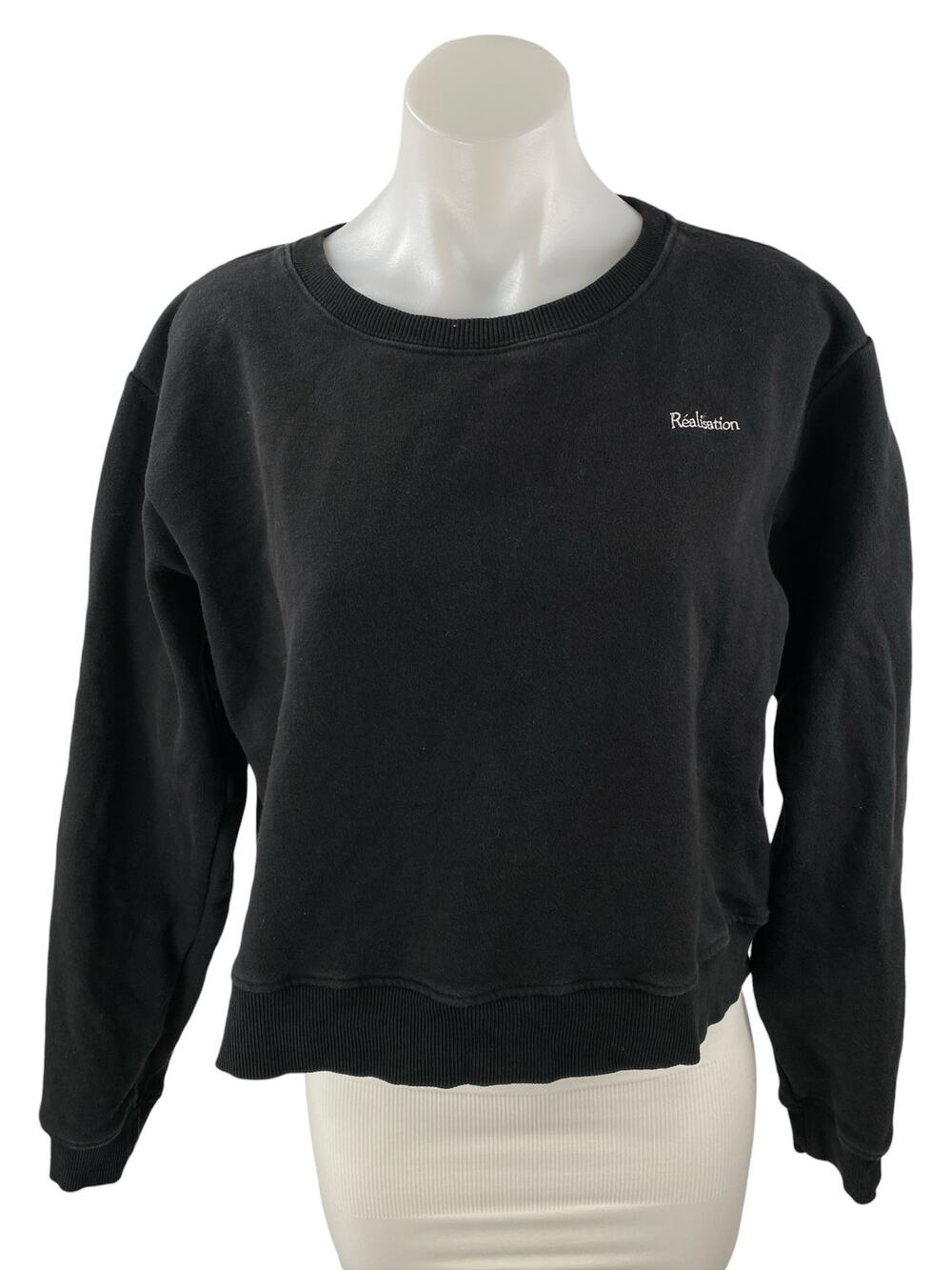 Realisation Womens Black Logo Long Sleeve Fleece Sweater Sweatshirt Top Sz S